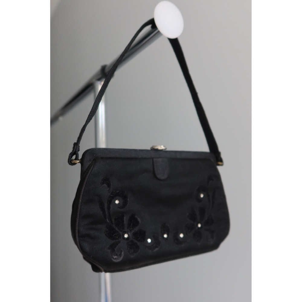 Vintage Mel-Ton‎ Black Velvet Clutch Evening Bag Pink Satin Lining